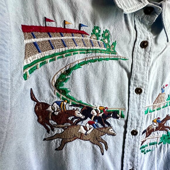 Vintage Ruff Hewn Men's Medium DIY Derby Horse Race Embroidered Denim Shirt - Picture 4 of 9